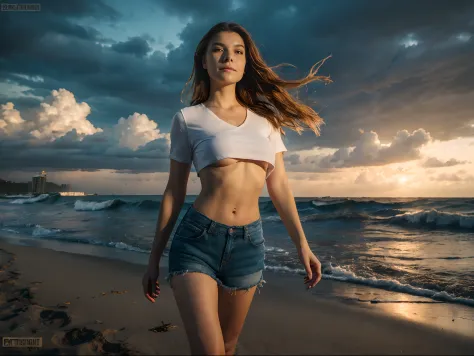 A slim, beautiful young russian woman, walking on a sandy beach, at water's edge, mysterious expression, hint of a smile, long hair, straight hair, ripped shorts, crop top, under boob shirt, large breasts, dark stormy sky, clouds, wind, palm trees blowing,...
