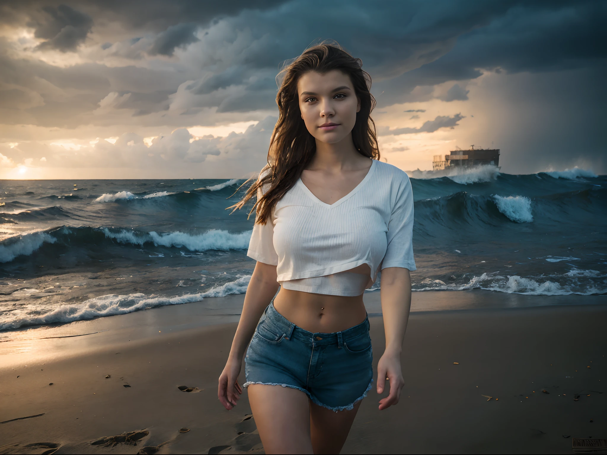 Arafed woman walking on the beach at sunset with waves crashing in the  background - SeaArt AI