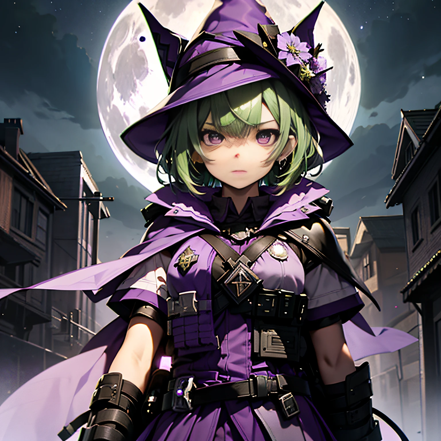 top-quality、extremely delicate and beautiful、(A teenage girl)、Purple Eye、Green hair、short-haired、(purple witch hat)、Purple tie、Tactical Vest、Soio、shortsleeves、Purple skirt、Purple Wizard Robe、Navel、is standing、Facing the front、Expression of hatred、Full moon night on background、Only eyes