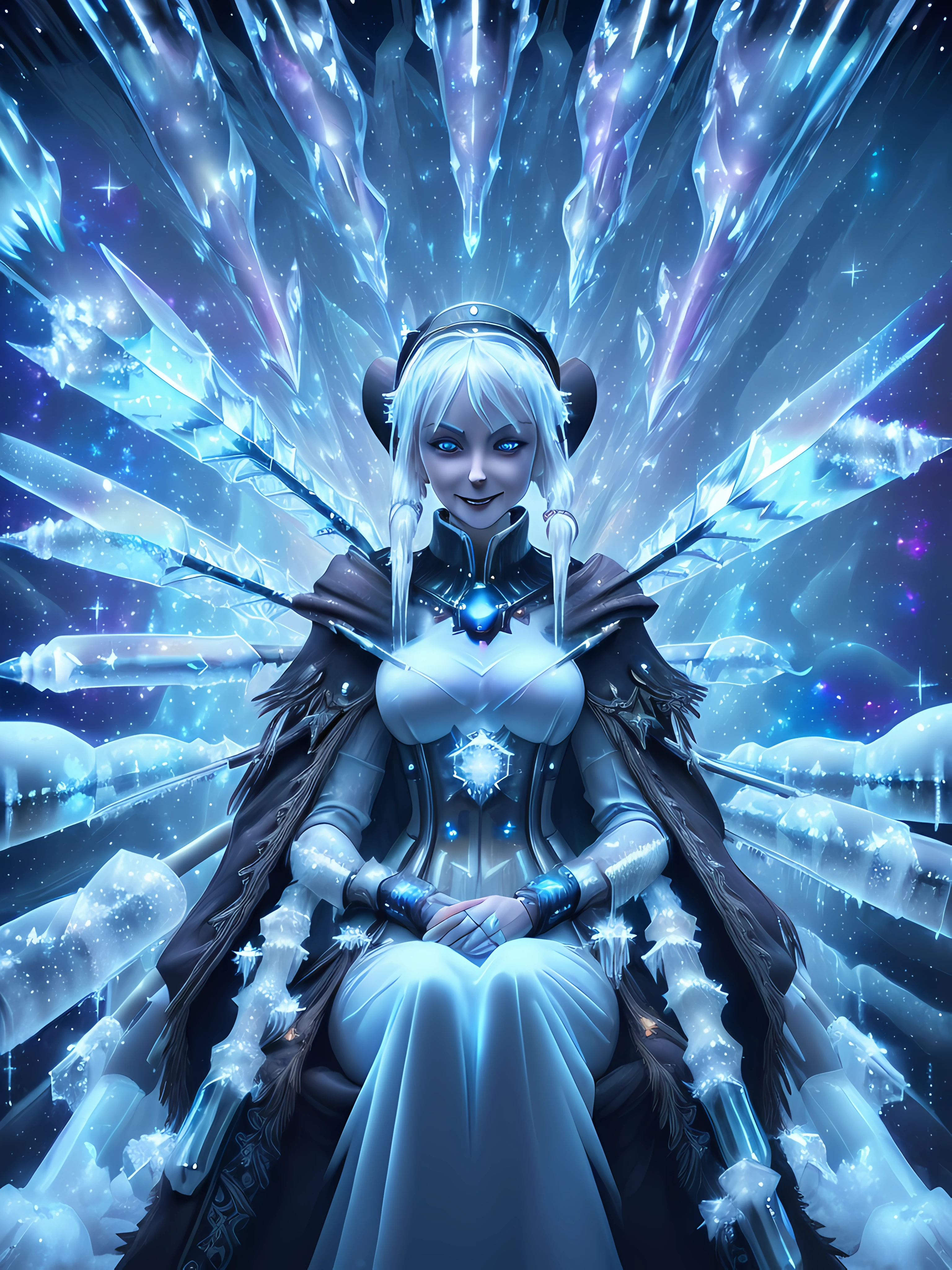 (((cartoon full body photo))), (((solo))), masterpiece, best quality, plaindoll, white hair, doll joints, bonnet, brown cloak, long dress, red ascot, (((sitting on a menacing icy throne made out of icicles, rich gothic ornate))), (((((ice palace with rich ornate))), (((looking at the viewer))), (((sinister smile))), ((((mystical ethereal sparkles)))), breathtaking, 4k, ultra high quality, (((breathtaking cosmic background))), (((shiny floating little icicles))), (((futuristic)))