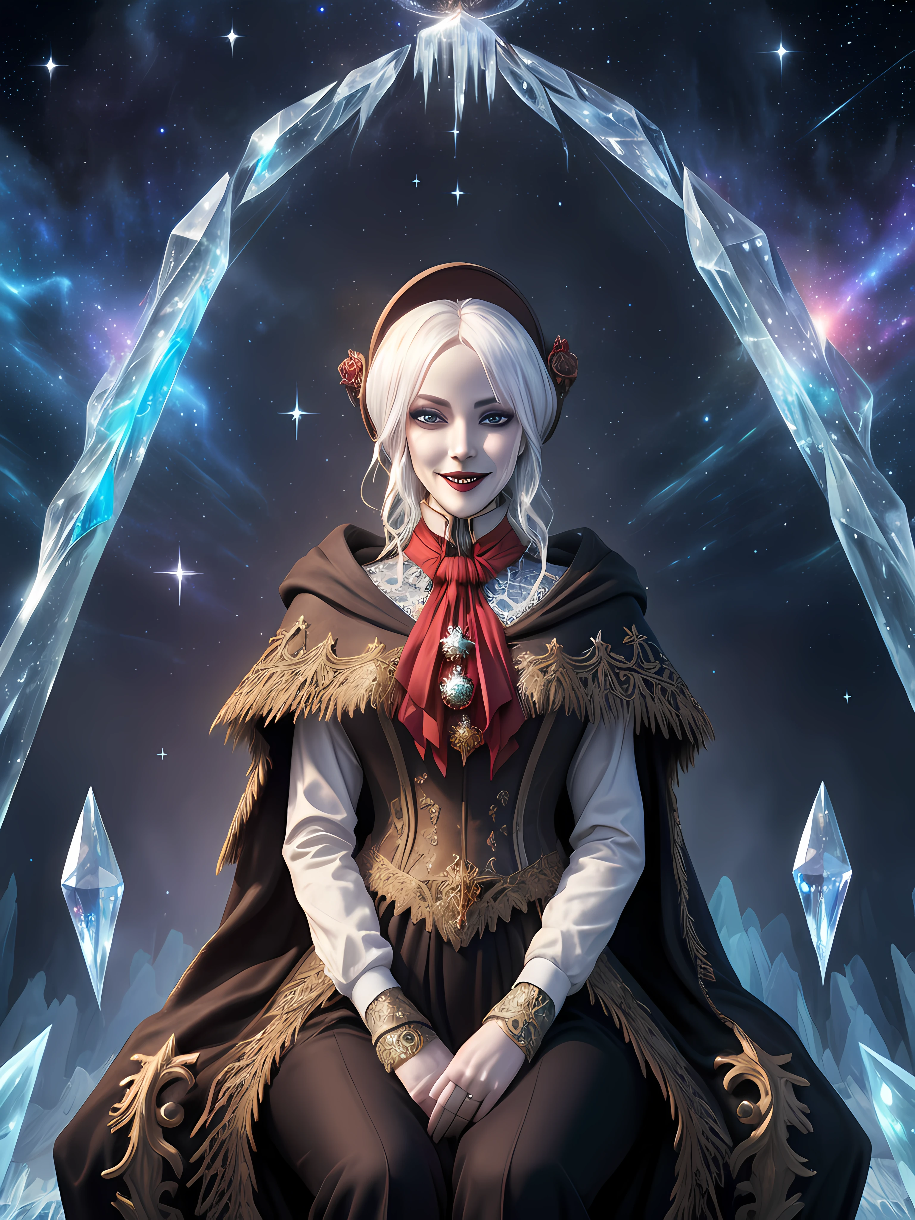 (((cartoon full body photo))), (((solo))), masterpiece, best quality, plaindoll, white hair, doll joints, bonnet, brown cloak, long dress, red ascot, (((sitting on a menacing icy throne made out of icicles, rich gothic ornate))), (((((ice palace with rich ornate))), (((looking at the viewer))), (((sinister smile))), ((((mystical ethereal sparkles)))), breathtaking, 4k, (((cosmic background))), (((shiny)))