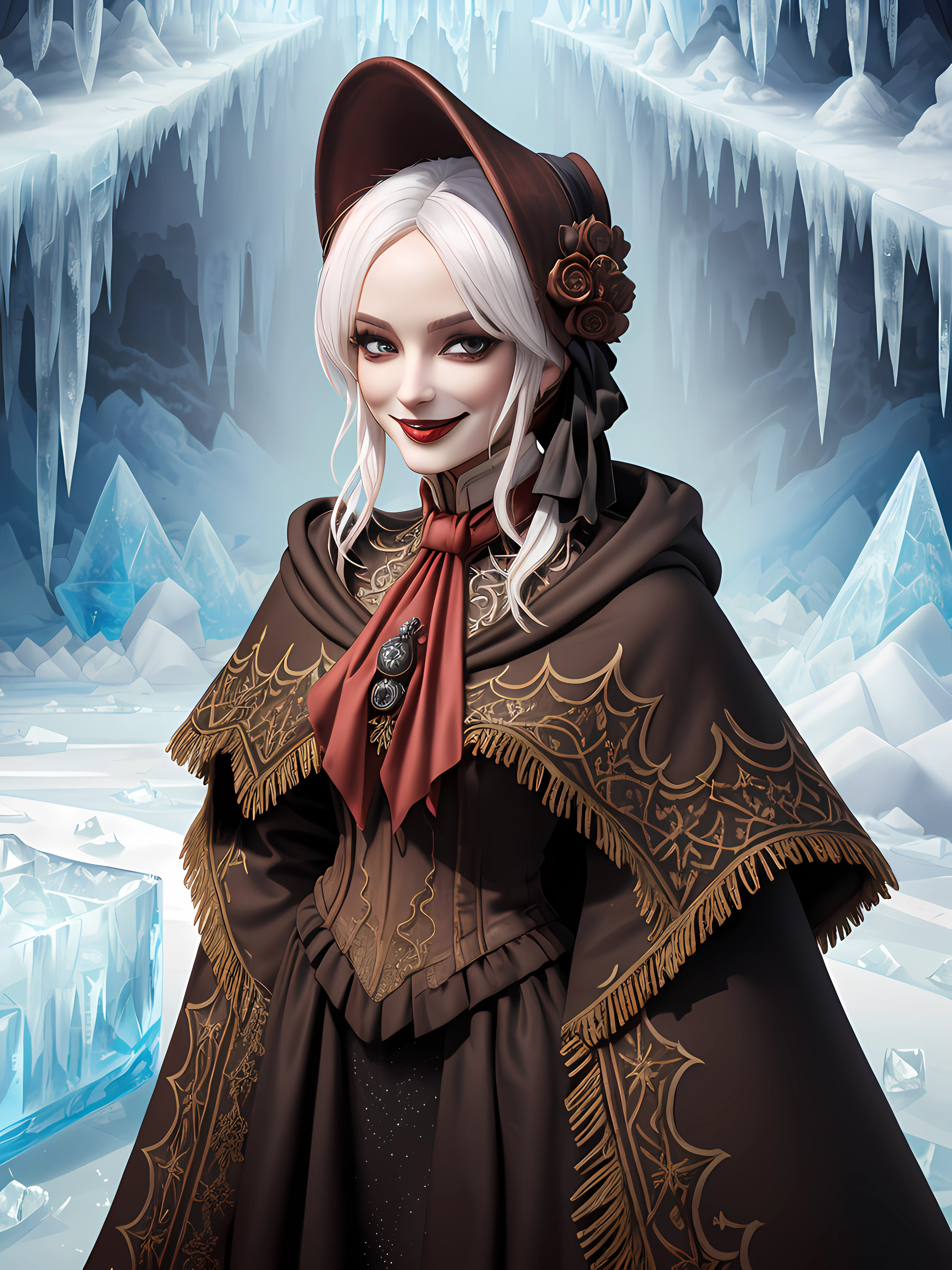 (((cartoon full body photo))), (((solo))), masterpiece, best quality, plaindoll, white hair, doll joints, bonnet, brown cloak, long dress, red ascot, (((amidst an ice palace rich gothic ornate))), (((looking at the viewer))), (((sinister smile))), (((mystical ethereal sparkles)))