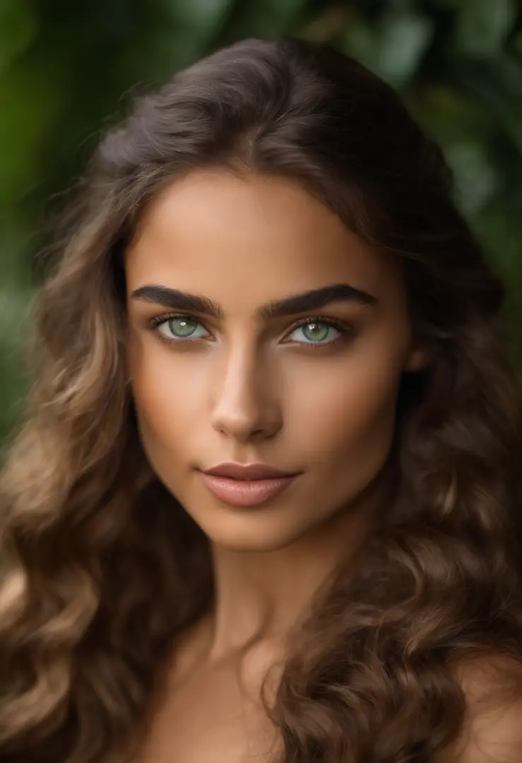 Young brown woman with very long wavy hair, Heterochromia Iridum Green and Brown Eyes, luscious lips, peau blanche, Perfectly Defined Eyebrows, naturelle. Very slim and muscular with a strong chest and round buttocks, well dressed