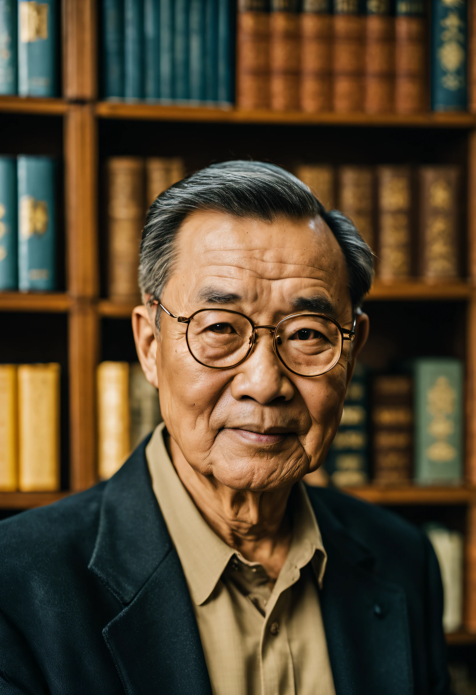 A wise uncle of modern Chinese men，looks into camera, ,short detailed hair，full of wisdom，Philosophy of life，Face the camera，Front bust，Behind it are bookshelves，perfect hand, Nikon D850, film stock photograph ,4 Kodak Portra 400 ,Camera f1.6 shots ,Rich colors，4k