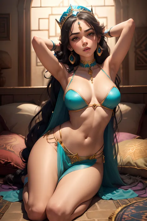 ((Kneel down on pillows on the floor))((Princess Jazmin, from disney aladdin animated movie series)) ((beautiful face)) (tanned skin) ((very long one braid darkhair)) ((very huge breasts)) (perfect slim body) ((wears short turquoise transparent1.2 arabic b...
