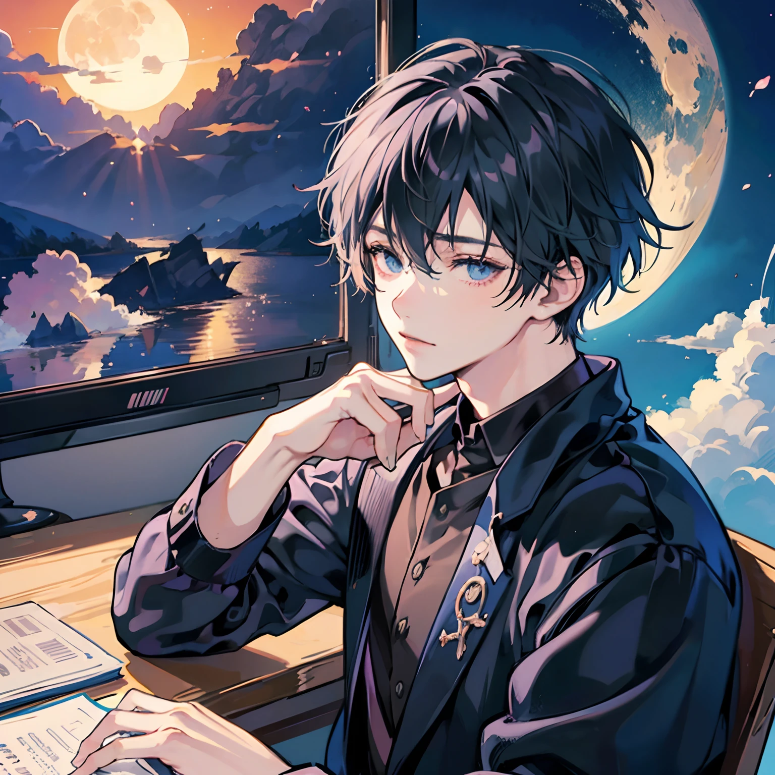 Anime boy sitting at desk with two computer monitors and full moon ...