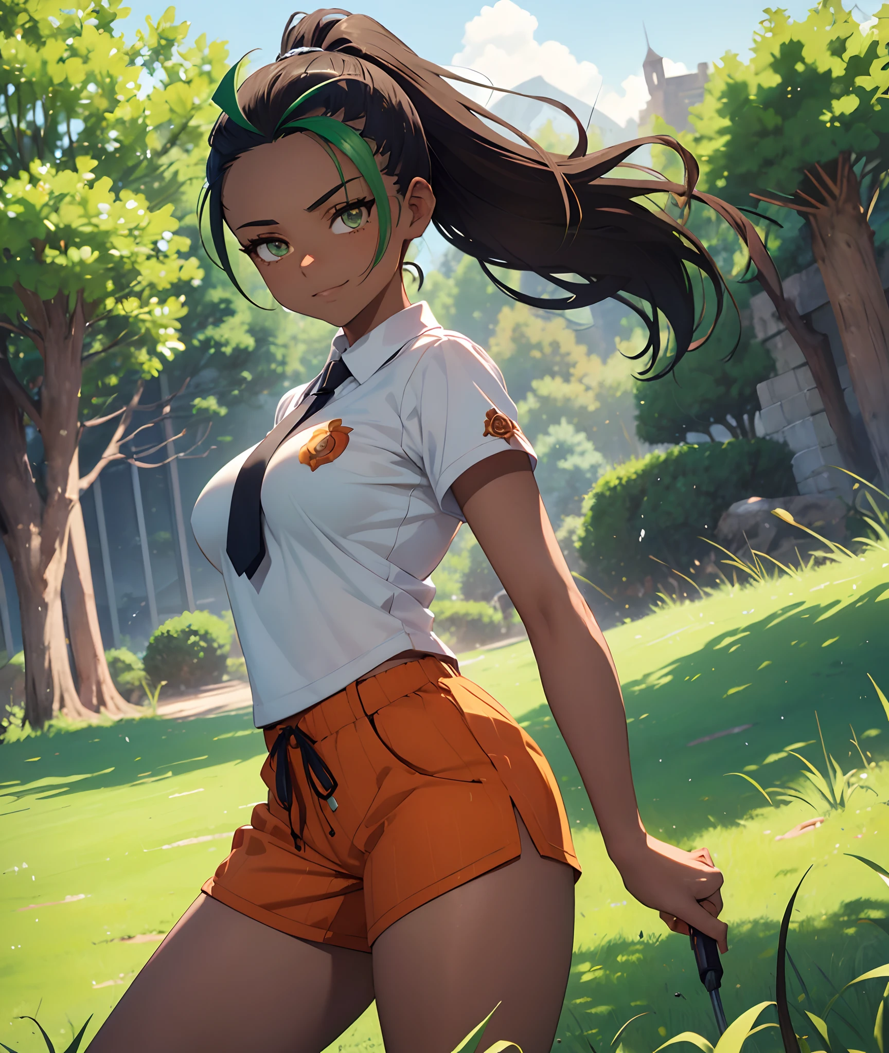 Anime girl with long hair and orange shorts holding a knife - SeaArt AI