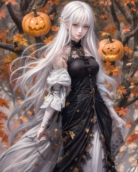 Best quality, masterpiece, meticulous details, intricate detail, realistic, 2 persons, a mystical autumn lady with black hair [S...