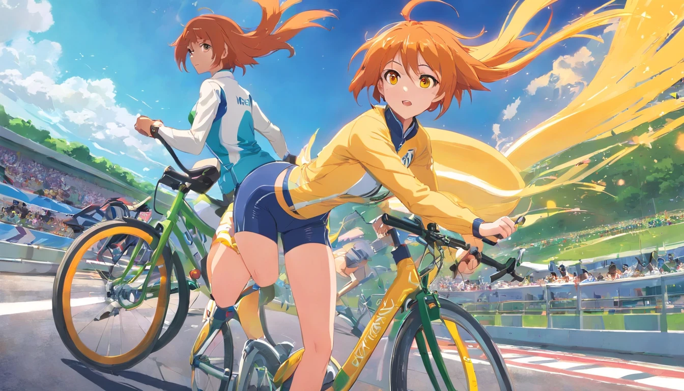 Two anime girls riding bicycles in a race track - SeaArt AI