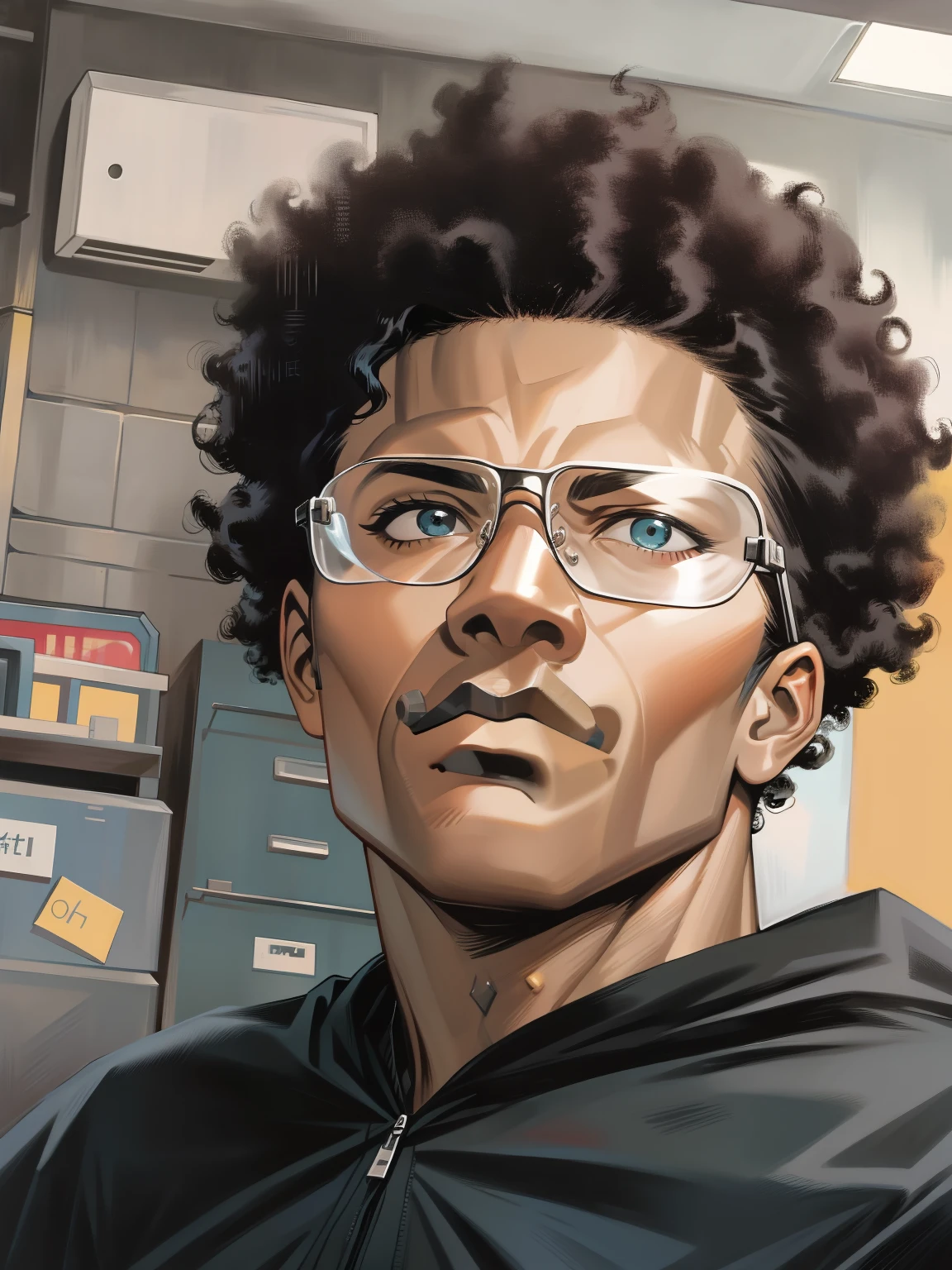 handsome man in a black hoodie, a black man with a curly afro, curly black hair, around 19 years old, intense stare, safety glasses, wearing safety glasses, with afro, curly afro, curls on top of his head, curly haired, with no beard, handsome, perfect face, strong jawline, intimidating, chiseled features, serrated blade, rough-hewn appearance,