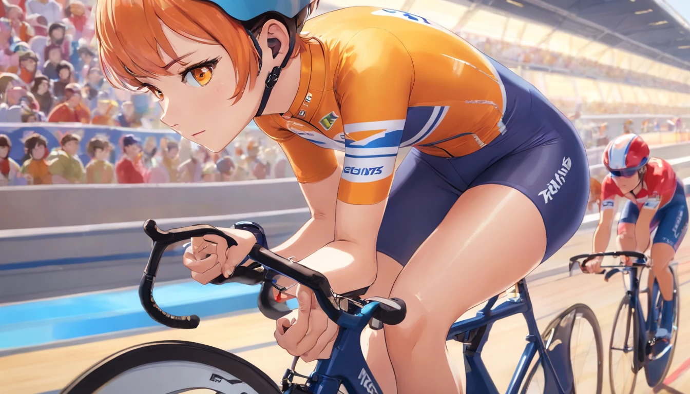 Anime image of a woman riding a bike in a track race - SeaArt AI