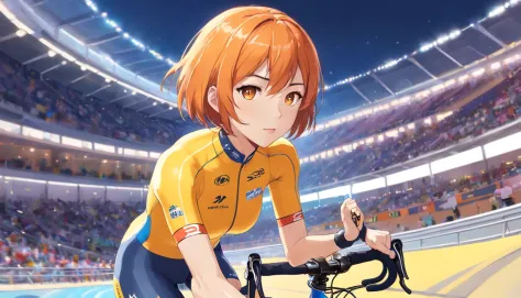 To generate a stable, diffuse prompt for a specific theme, "Girl with orange hair, Big breasts, big butts, Wearing racing pants and a cycle helmet, Yellow eyes and short bob hairstyle, Put on your thighs and goggles and participate in track cycling," Here'...