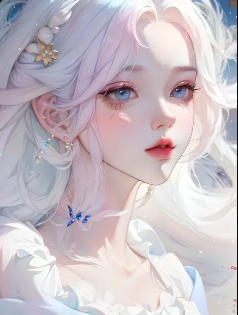 Anime girl takes a picture with blue-pink hair, Gervez style artwork, Gwaitz, Beautiful eye makeup，a beautiful anime portrait, Powder blue girl, Flowing powder-blue hair, Cute realistic portrait, Fantasy art style, Upper body, A beautiful anime style inspi...