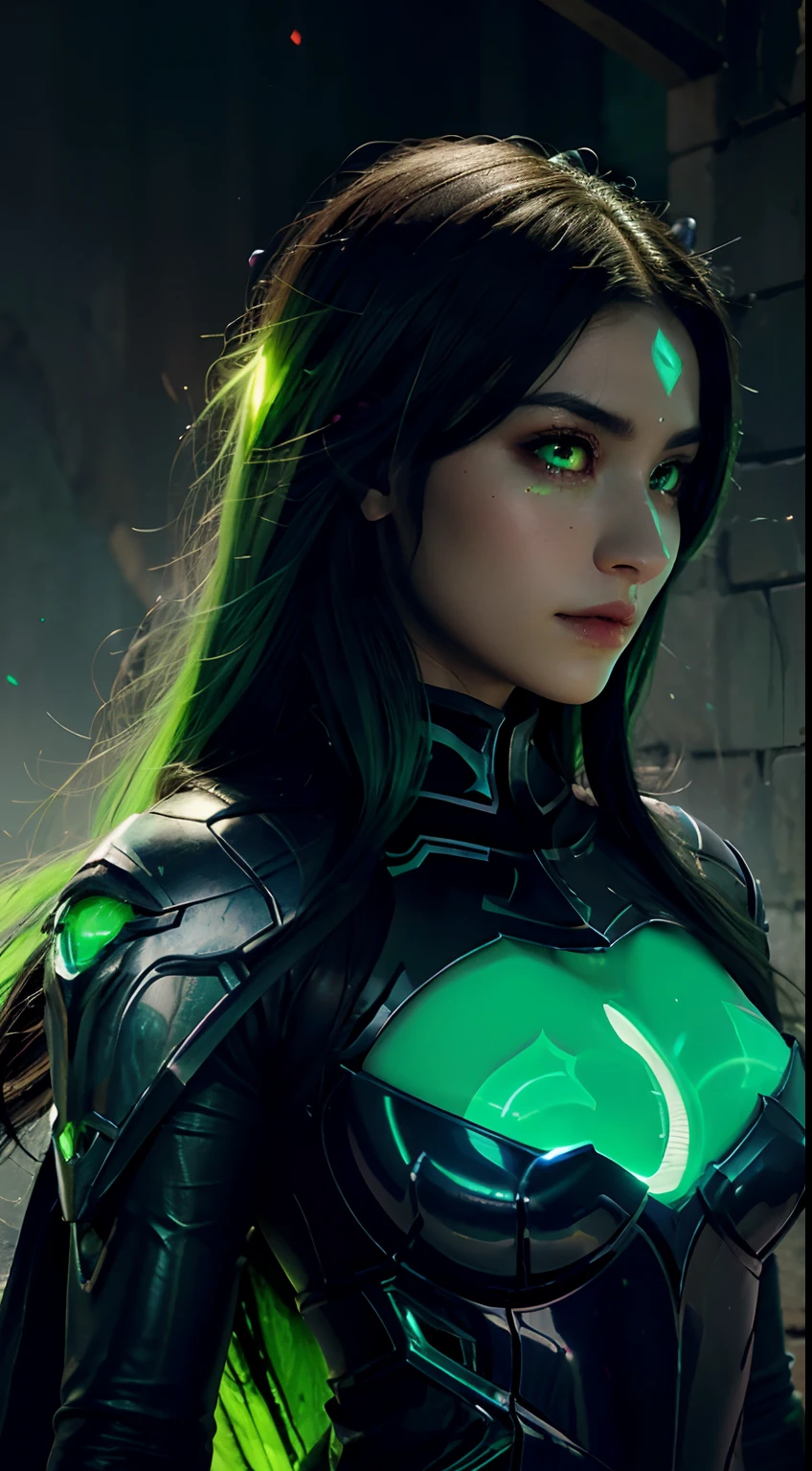 Medium Large Man in Helmet with Burning Eyes, senna from league of legends, profile picture 1024px, Green glowing eyes, Irelia;, glowing green eyes, Irelia из League of Legends, emerald eyes, detailed digital anime art, glowing lens flare wraith girl, Green aura, ashe, Female Lúcio