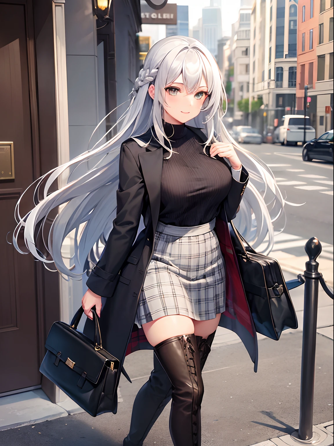 Anime girl with long white hair and black top walking down the street -  SeaArt AI