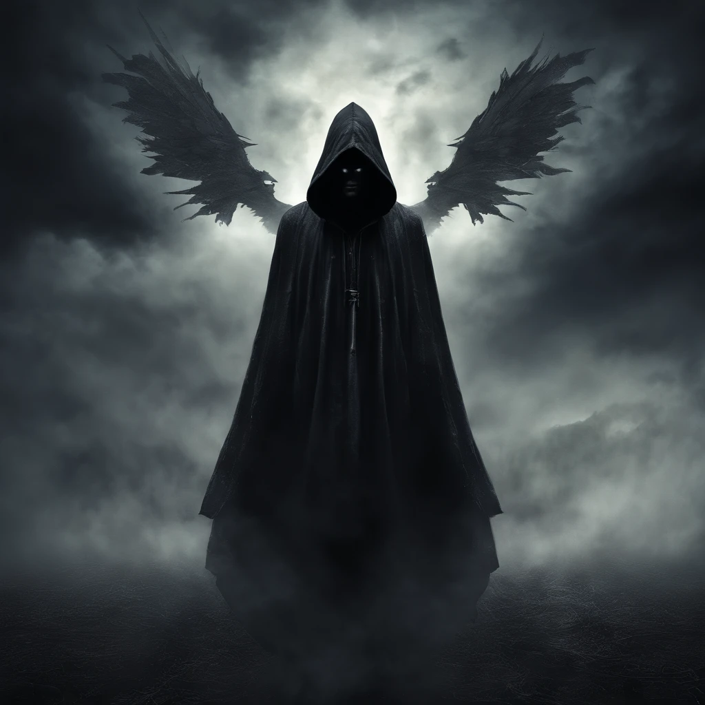 A high-fantasy portrait of a hooded male dark being with spectral wings ...