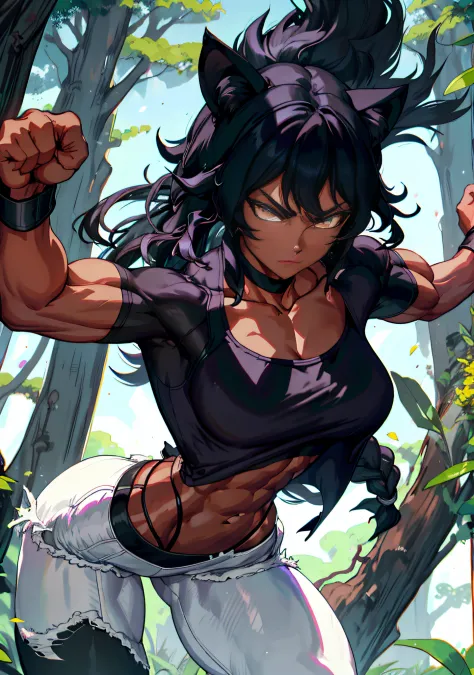 muscular ebony skinned blake belladonna in a martial artist combat pose while being in a forest, powering up, with long black ha...
