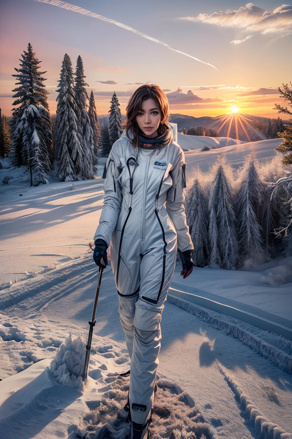 photo, photorealistic, photorealism, full body shot, wide angle, bimbo astronaut wearing spacesuits, fully clothed, cleavage, giga_busty, (rime ice covered trees along skyline:1.3), (rime ice and snow:1.5), (sunrise:1.5)