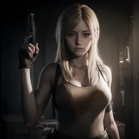 Best quality, photorealistic , long blonde hair, holding a weapon, glare expression, by unreal engine