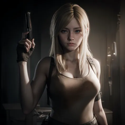 best quality, photorealistic , long blonde hair, holding a weapon, glare expression, by unreal engine