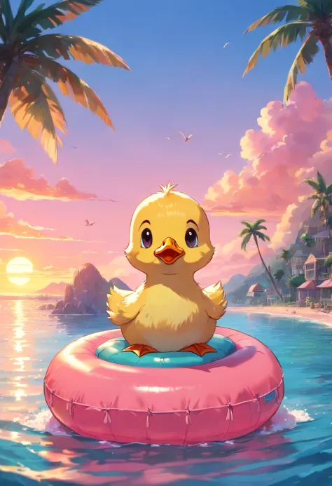 Cute duckling in an inflatable circle, Beautiful sea, Sunset in pink tones , Against the backdrop of an island with palm trees