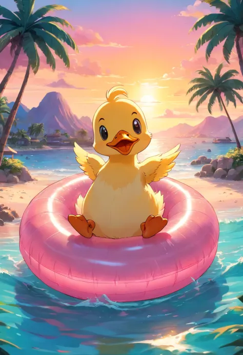 Cute duckling in an inflatable circle, Beautiful sea, Sunset in pink tones , Against the backdrop of an island with palm trees