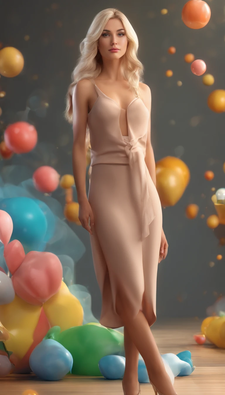 A woman in a dress standing in front of a bunch of balloons - SeaArt AI