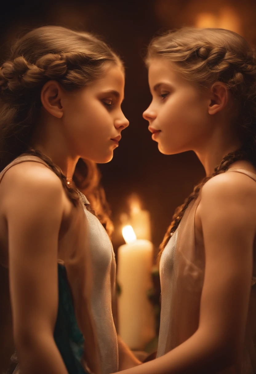 Two young girls are facing each other in front of a candle - SeaArt AI