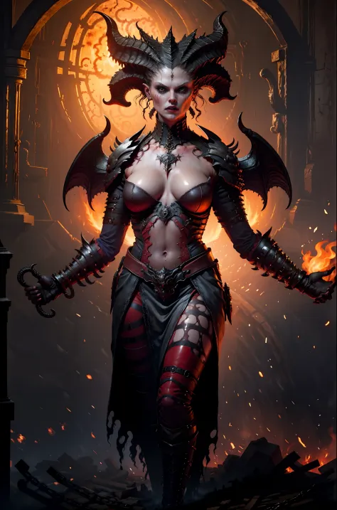 Lilith inside a church, fire, lightning, blood, full body, in the style of D14bl0, big breasts