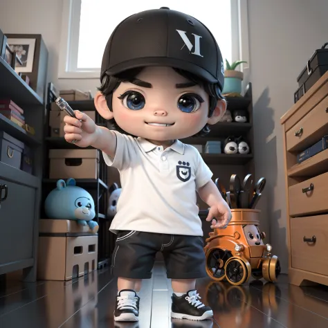 ((Masterpiece, Best quality)),(Complex lighting),,Solo, Smile, Sky blue T-shirt，Black eyes, Black hair, 3D toy, 3D rendering of,...