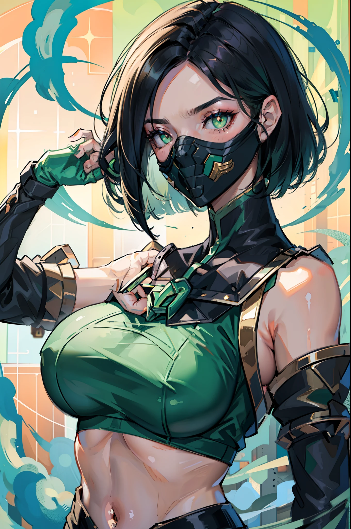 (masterpiece, best quality, close up, perfect face), 1girl, viper from valorant, viper valorant, (perfect hands), (black hair, short hair, long bangs, lifting shirt, exposed abdomen, underboobs, toned body, looking at viewers, ((wearing metallic face mask)), green pupils), green smoke in the background, sexy body, large breasts, shiny clothes, from the front