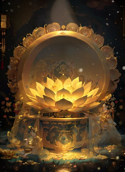 Golden lotus flower in a glass bowl，There is snow, by Yang J, sitting on a lotus flower, Middle metaverse, ancient china art sty...