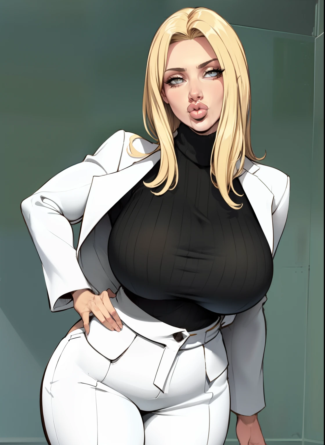 A cartoon picture of a woman in a white suit and black top - SeaArt AI