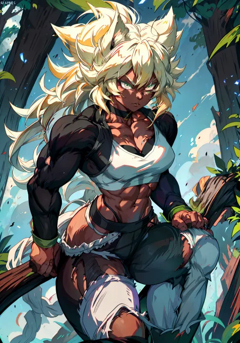 muscular ebony skinned blake belladonna in a ki charging pose while being in a forest, Blake with long blonde hair and cat ears,...