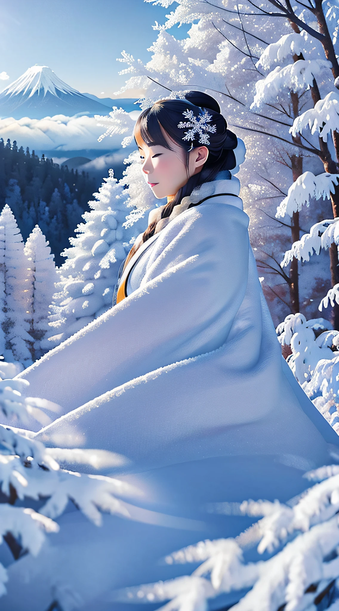 Obra de arte、qualidade máxima、Um hiper-realista、Fotorrealístico、A beleza da geada nas árvores das montanhas nevadas no meio do inverno contra o pano de fundo de um céu azul escuro、Neblina fluindo através de montanhas nevadas、Árvores com geada々Lindo espírito feminino de longos cabelos prateados em puro quimono branco do Japão, aconchegando-se「mulher da neve」