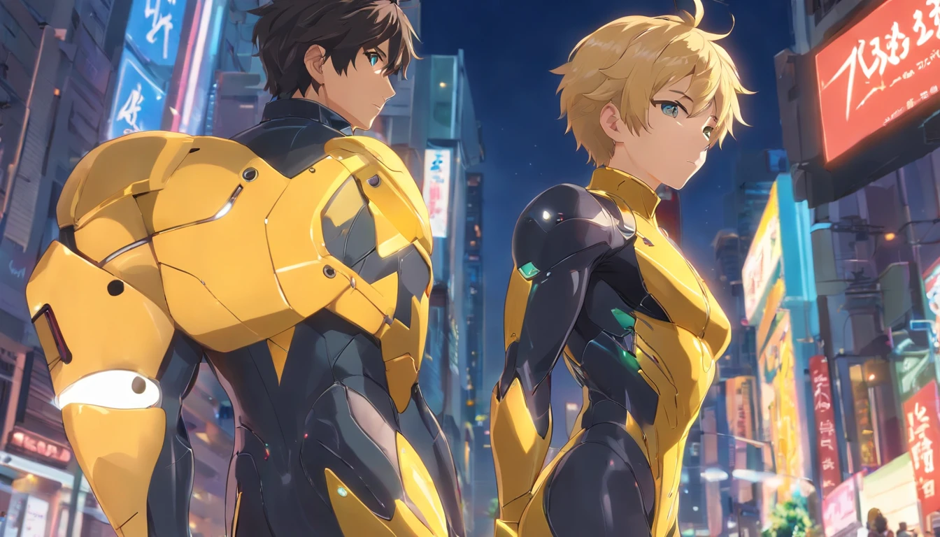 Two anime characters in yellow and black suits standing in a city - SeaArt  AI