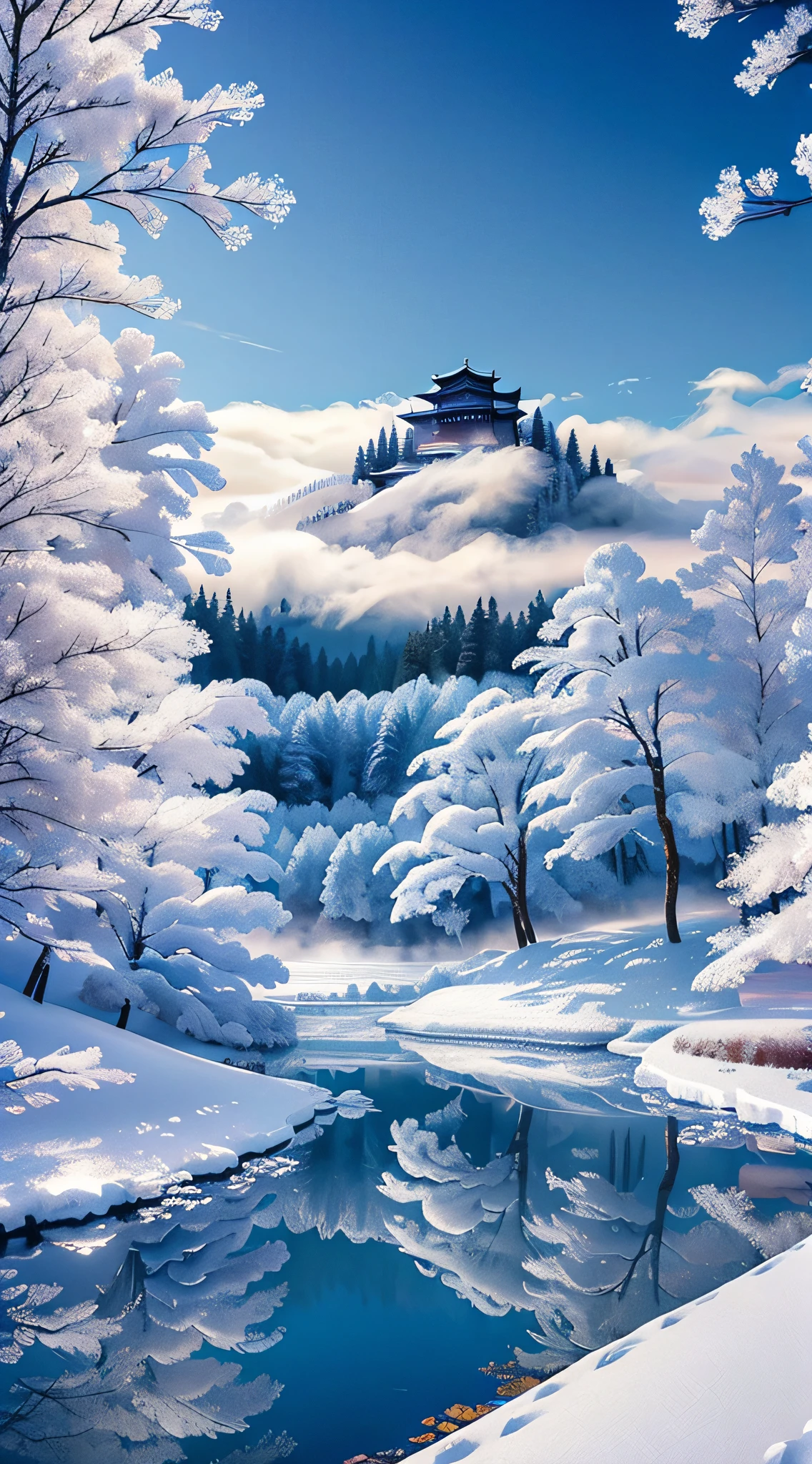 杰作、顶级品质、超现实主义、相片写实、深蓝色天空映衬下，隆冬时节雪山树木结霜的美丽景象、雾气在雪山间流动、有霜冻的树々美丽的长银发灵妇穿着纯白色的日本和服依偎