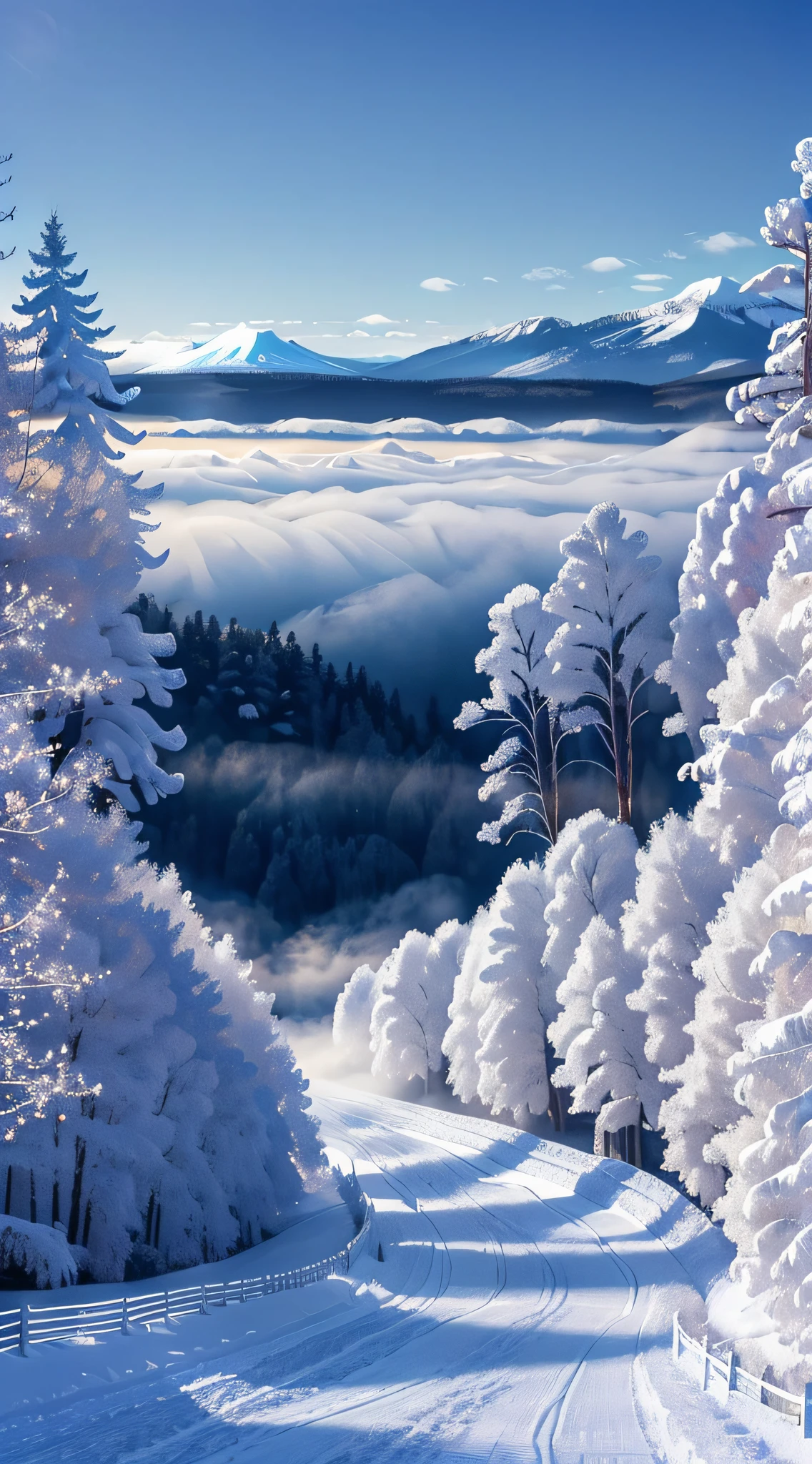 傑作、最高品質、超現実的な、フォトリアリスティック、真冬の雪山の木々に霜が降り、暗い青空を背景にした美しさ、雪山を流れる霧、霜が降りた木々々純白の日本の着物を着た美しい長い銀髪の精霊の女性が寄り添っています