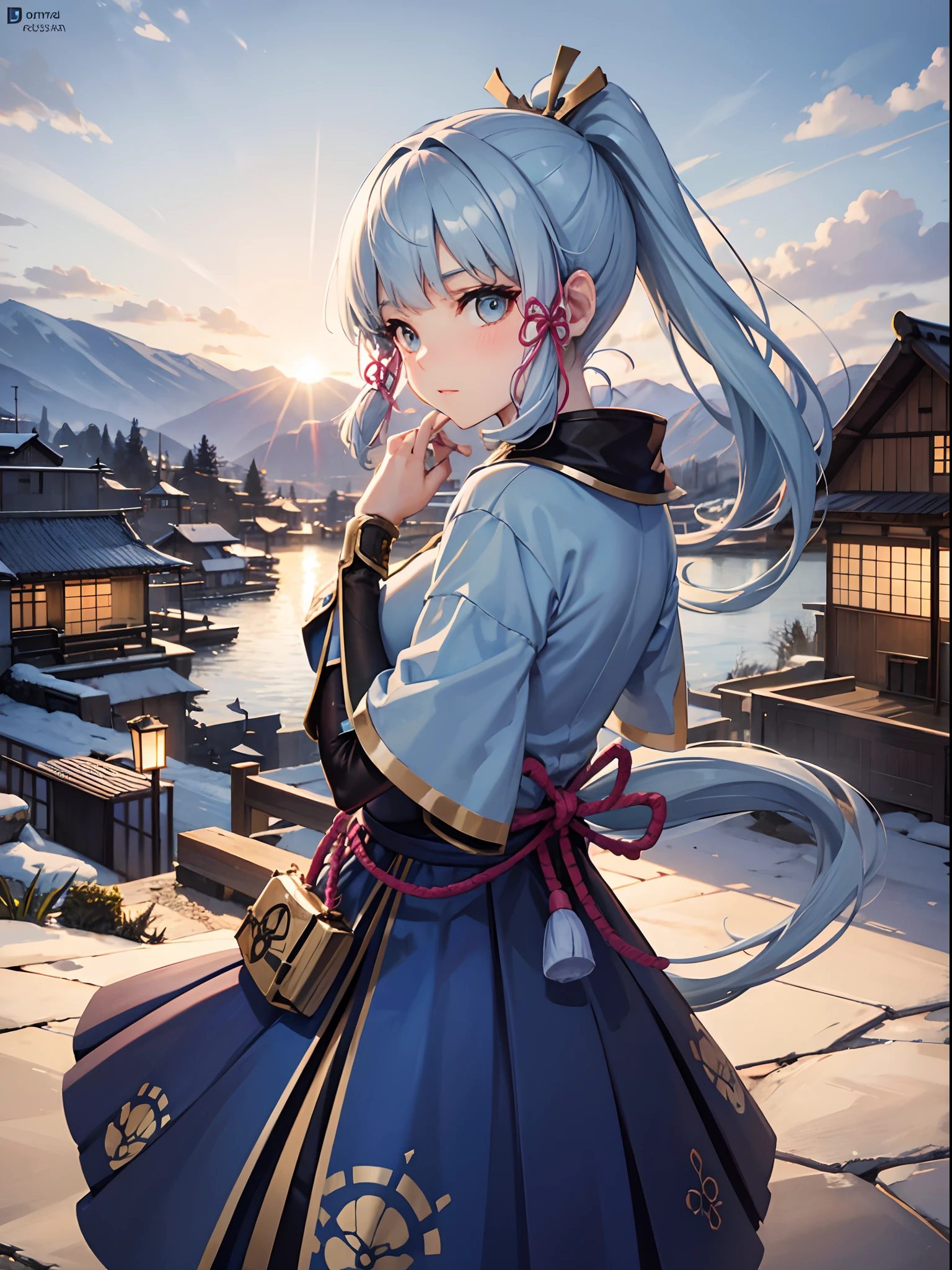 hight resolution, absurdres, best_Quality, Ultra_Detailled, 8K, extremely_clear, photo, beautiful, Beautiful face, Scharp Focus, HDR, 1girl, Clean eyes, very wide-eyed,old japanese town in the mountains in the background ,Beautiful face,  standing , very seductive pose, very young, NSFW, verly light blue hair with ponytail, standing