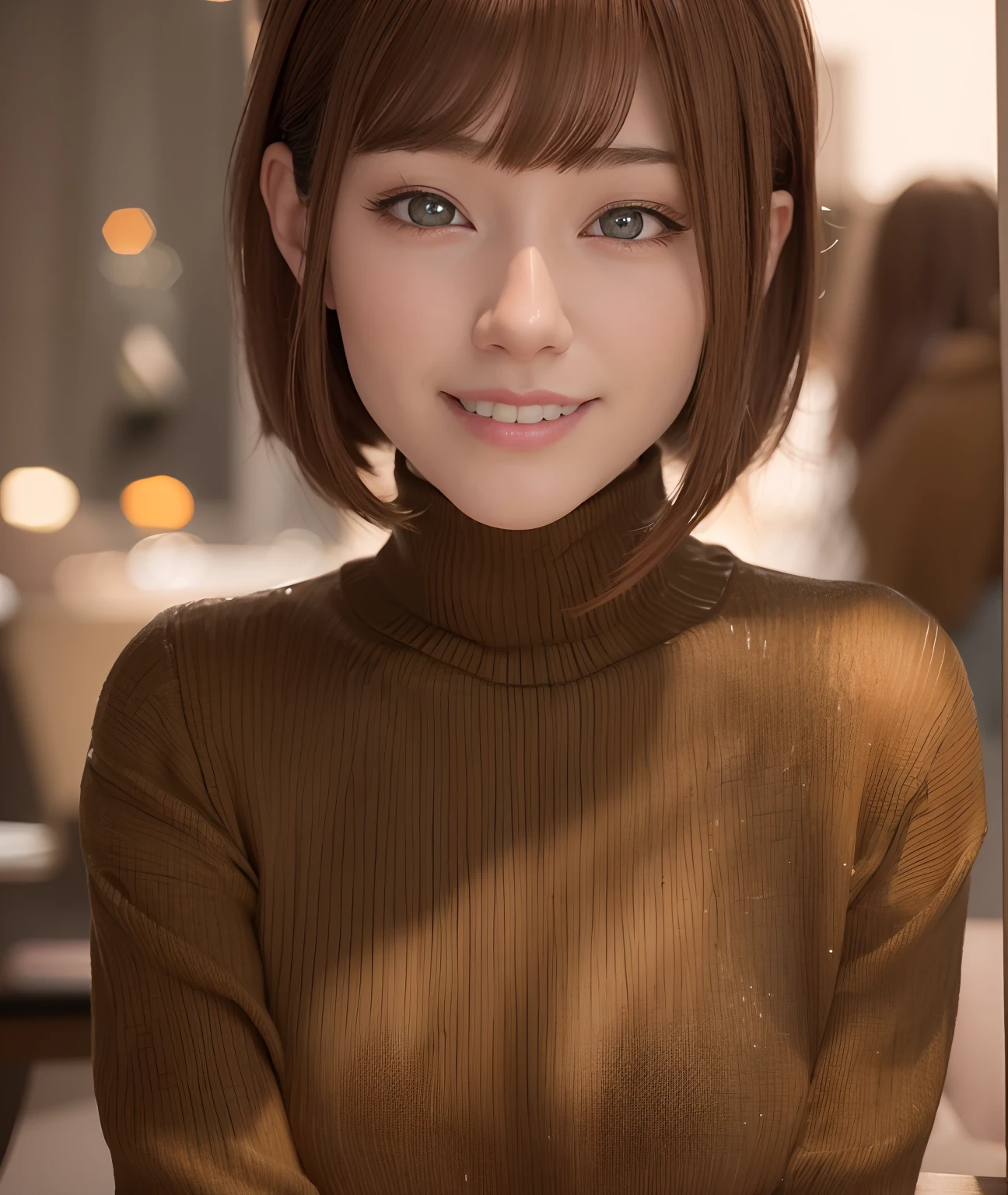 Arafe, con cabello castaño and a turtleneck sweater, se sienta en una mesa, Linda chica con cabello castaño corto, anime fotorrealista girl render, chica anime de la vida real, estilo anime realista 3d, anime fotorrealista, chica anime joven realista, retrato realista kawaii, anime 3d realista, anime hiperrealista, encantadoras chicas anime, con cabello castaño, con pelo corto