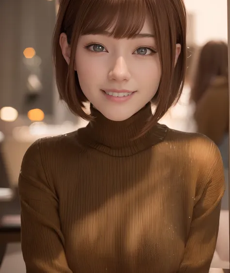 Arafe, with brown hair and a turtleneck sweater, sits at a table, Cute girl with short brown hair, photorealistic anime girl ren...