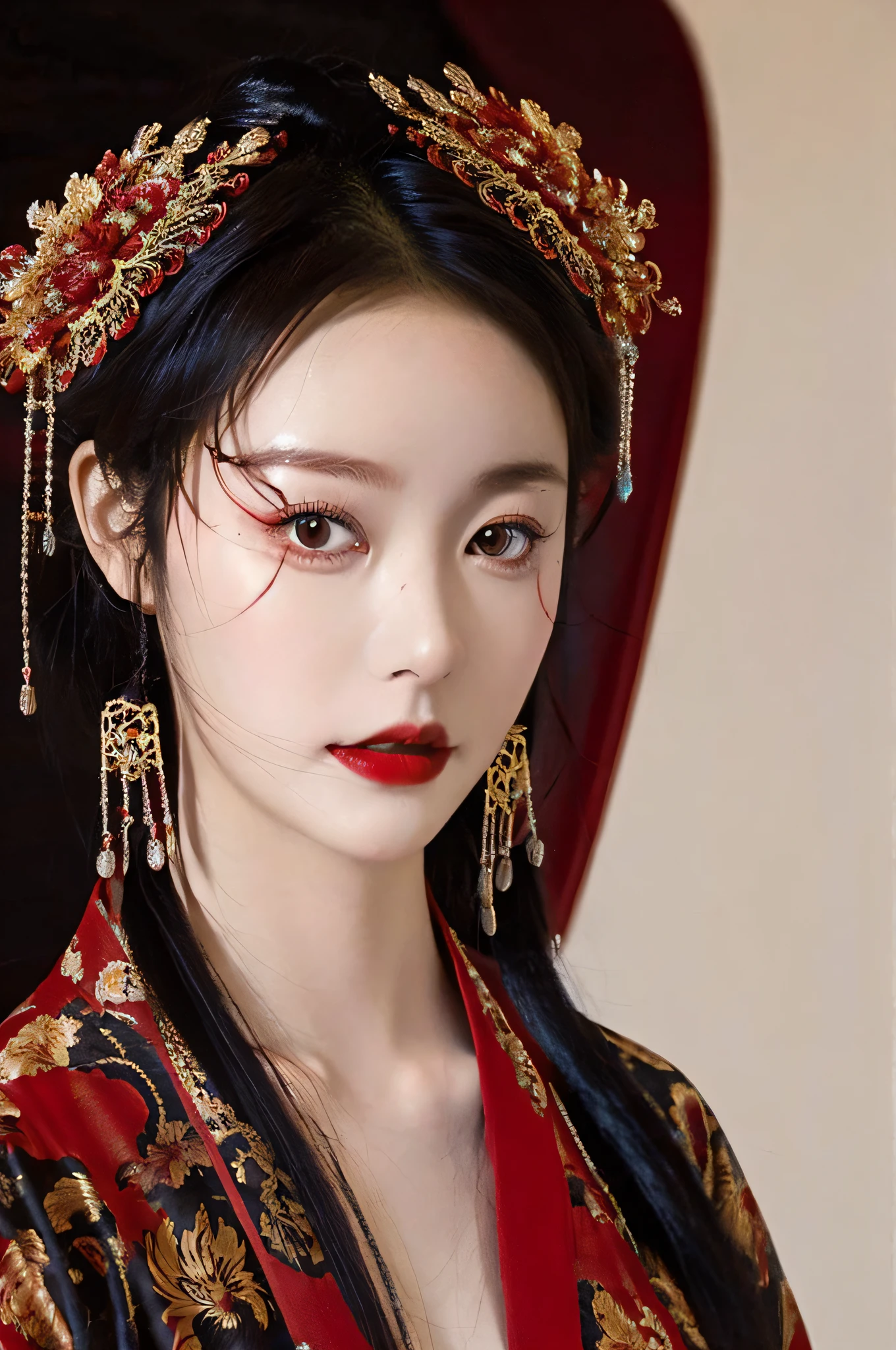 1. Mature girl ，Black color hair，Floating hair，Elaborate Eyes，Red antique damask Hanfu，Phoenix Guanxia，head gear，Wedding view，F1.8，tmasterpiece，Complexscenes，Gorgeous portrait shots