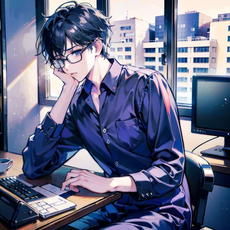 Glasses college student style image sitting in front of computer, Blue shirt, Side view, Sad face, Tired, lofi portrait, anime s...
