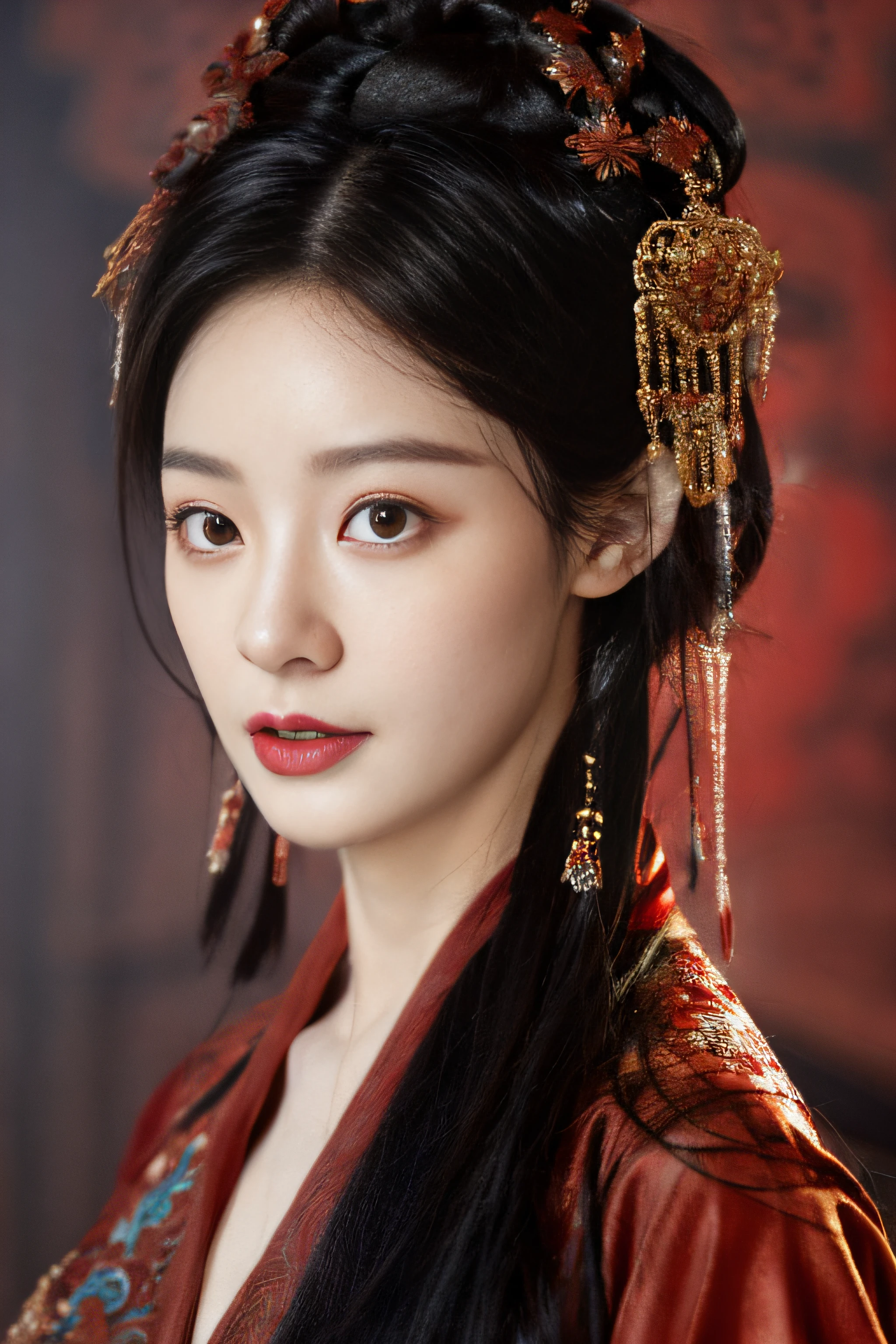 1. Mature girl ，Black color hair，Floating hair，Elaborate Eyes，Red antique damask Hanfu，Phoenix Guanxia，head gear，Wedding view，F1.8，tmasterpiece，Complexscenes，Gorgeous portrait shots