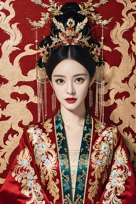 1. Mature girl ，Black color hair，Floating hair，Elaborate Eyes，Red antique damask Hanfu，Phoenix Guanxia，head gear，Wedding view，F1...