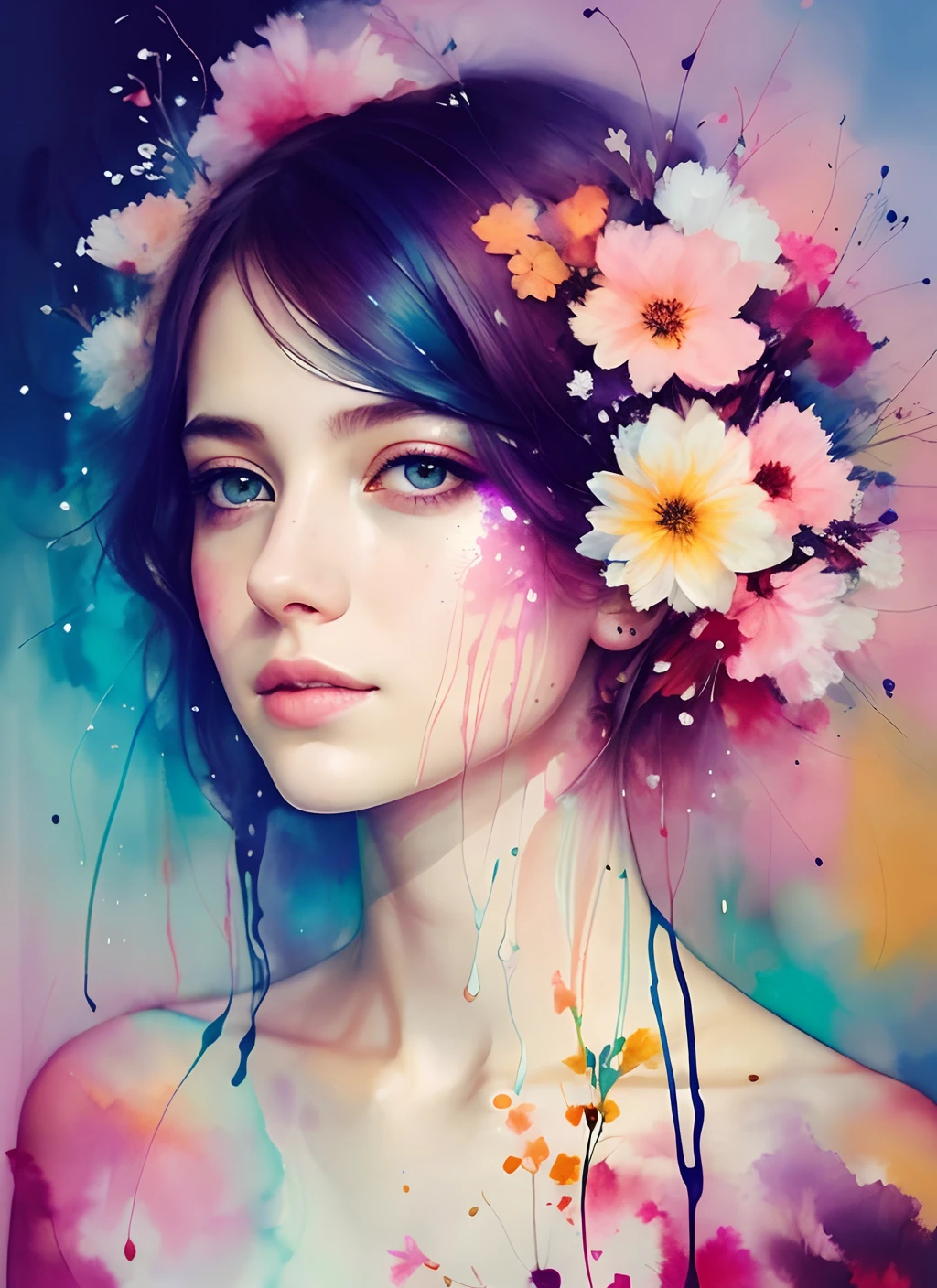 Uma imagem abstrata da mulher misturada com a tinta das flores por Agnes Cecile, design luminoso, cores pastel, gotas de tinta, luzes de outono, artístico, estética, unique