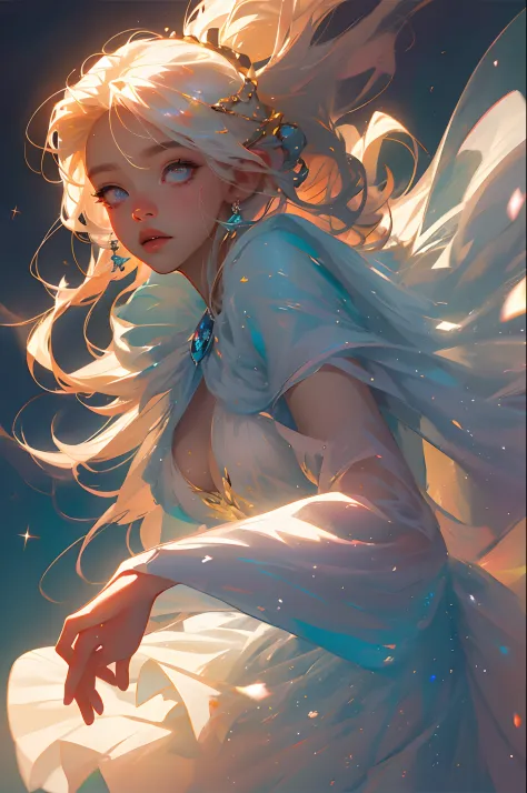 Semi-realistic anime photos, High quality, Fairies falling from the sky, Translucent with multicolored glitter, White Dress, Symmetrical face, the golden hour, Soft, Focused, Highly detailed, hyper realisitic, Dramatic Lighting, Elegant, Convoluted, Concep...