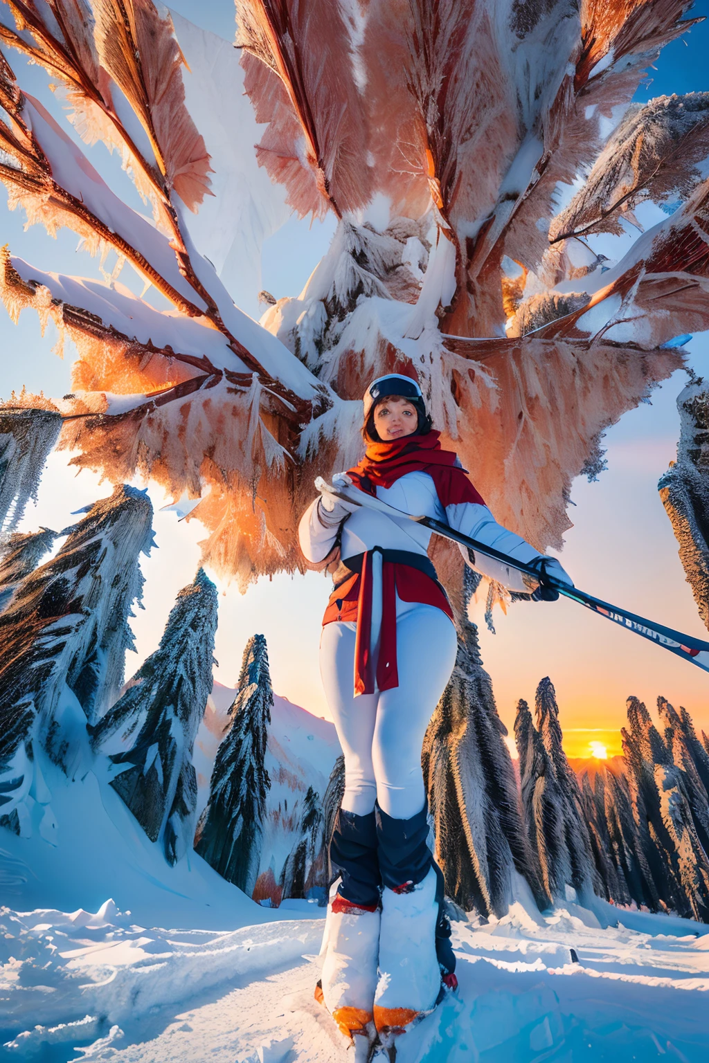photo, photorealistic, photorealism, full body shot, wide angle, female busty skier wearing skiwears, fully clothed, gigantic breasts, cleavage, giga_busty, (rime ice covered trees along skyline:1.3), (rime ice and snow:1.5), (sunrise:1.5)
