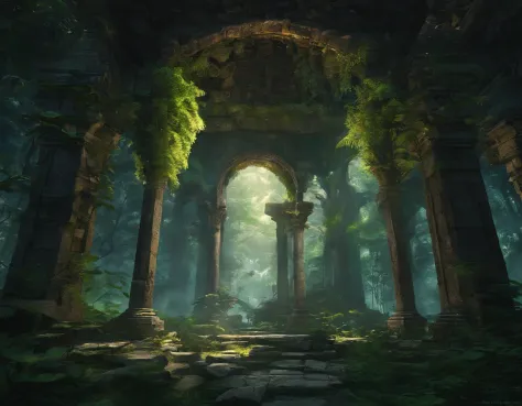 In the heart of a dense forest, ancient ruins emerge from the shadows, bathed in the soft glow of moonlight. The ruins are a testament to a forgotten era, with towering stone pillars and intricate archways that have stood the test of time. Vines and ferns ...
