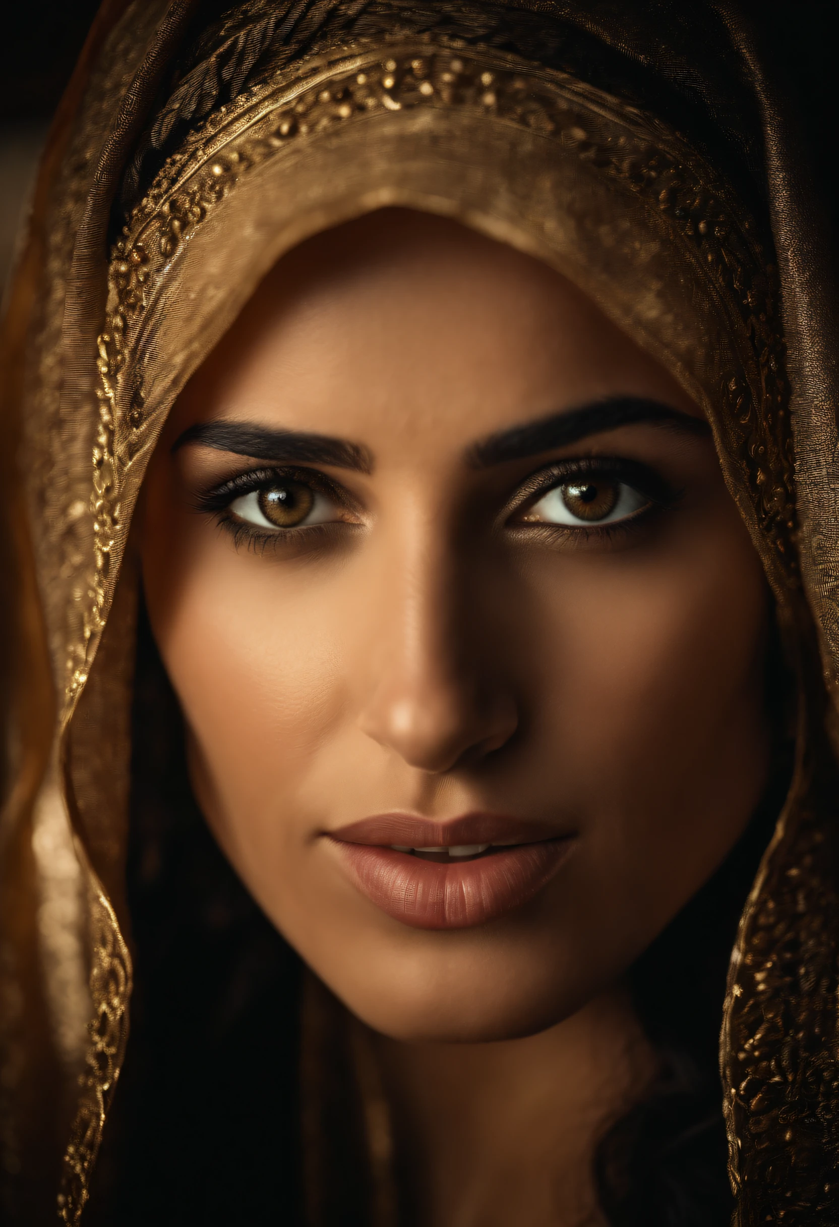 A close up of a woman wearing a gold head scarf - SeaArt AI